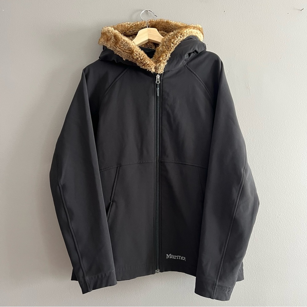 Marmot Jacket Womens XL Black Softshell Hooded Fleece Lined Faux Fur Trim